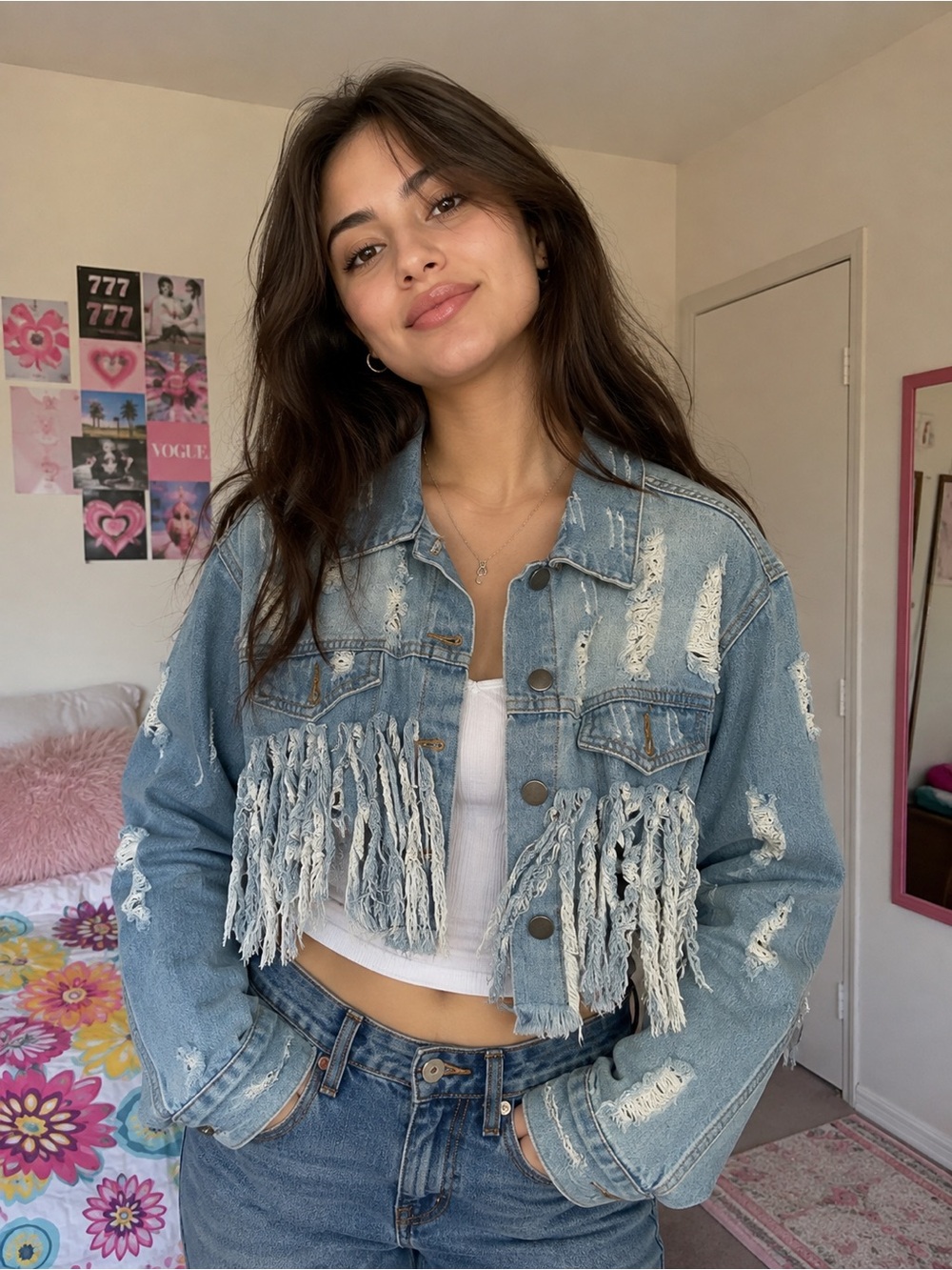 Ripped Holes Denim Distressed cropped Long Sleeves Jacket - size small